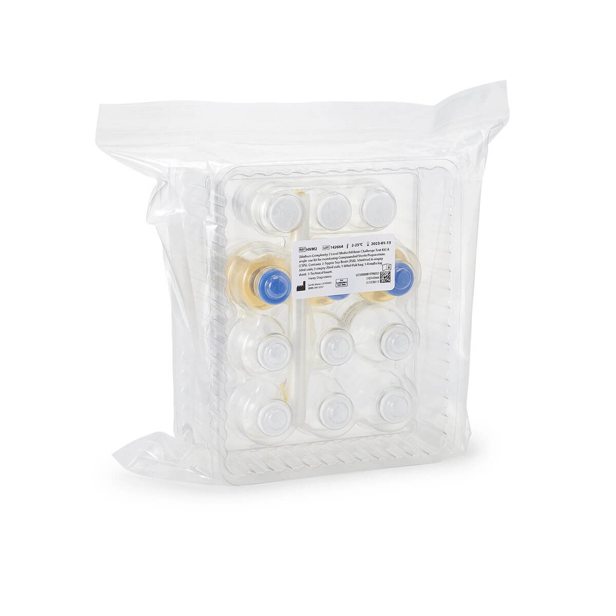 Sealed HardyVal HVM2 medium-complexity vial media-fill challenge kit in clear protective packaging